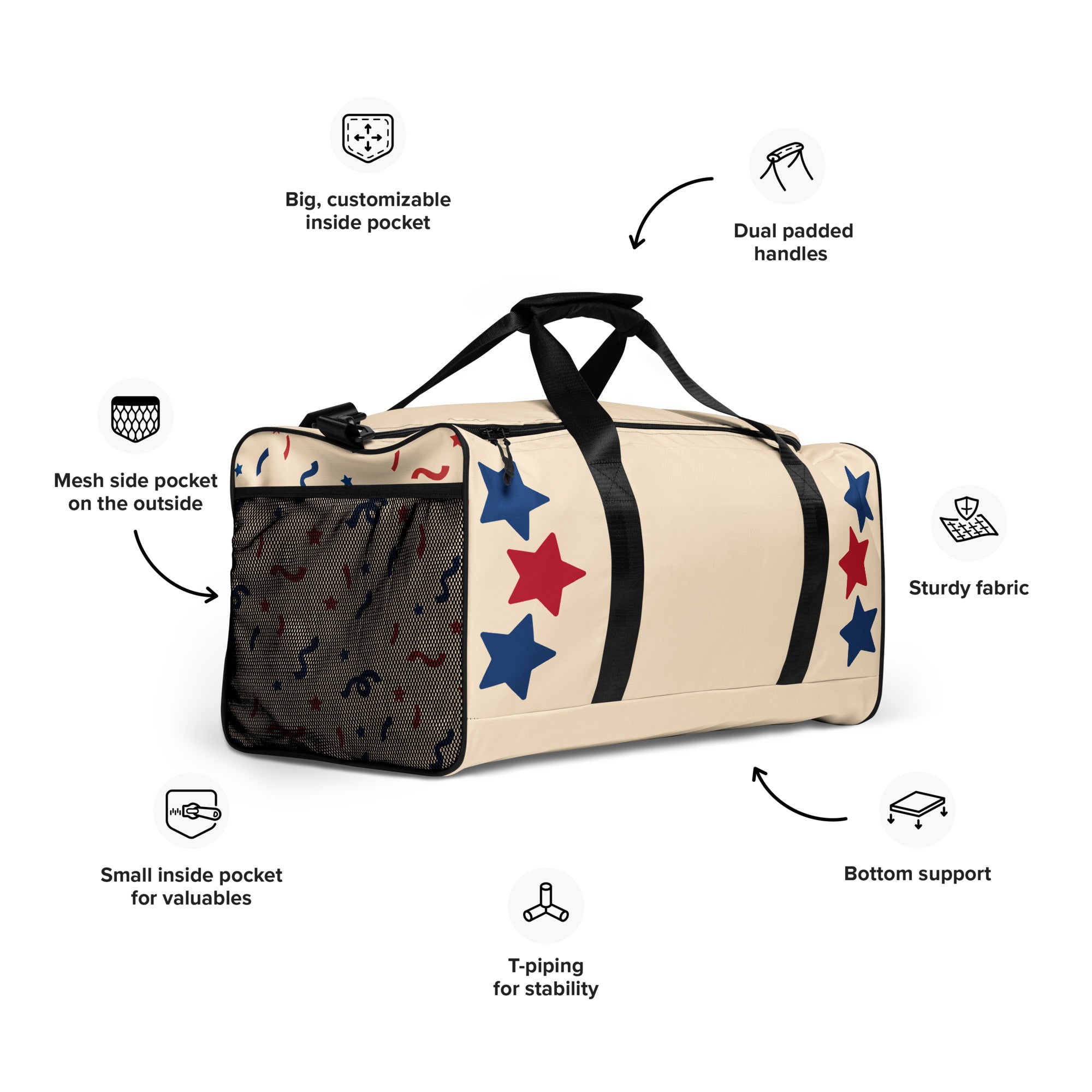 Starry Red Beige & Blue Duffle Bag