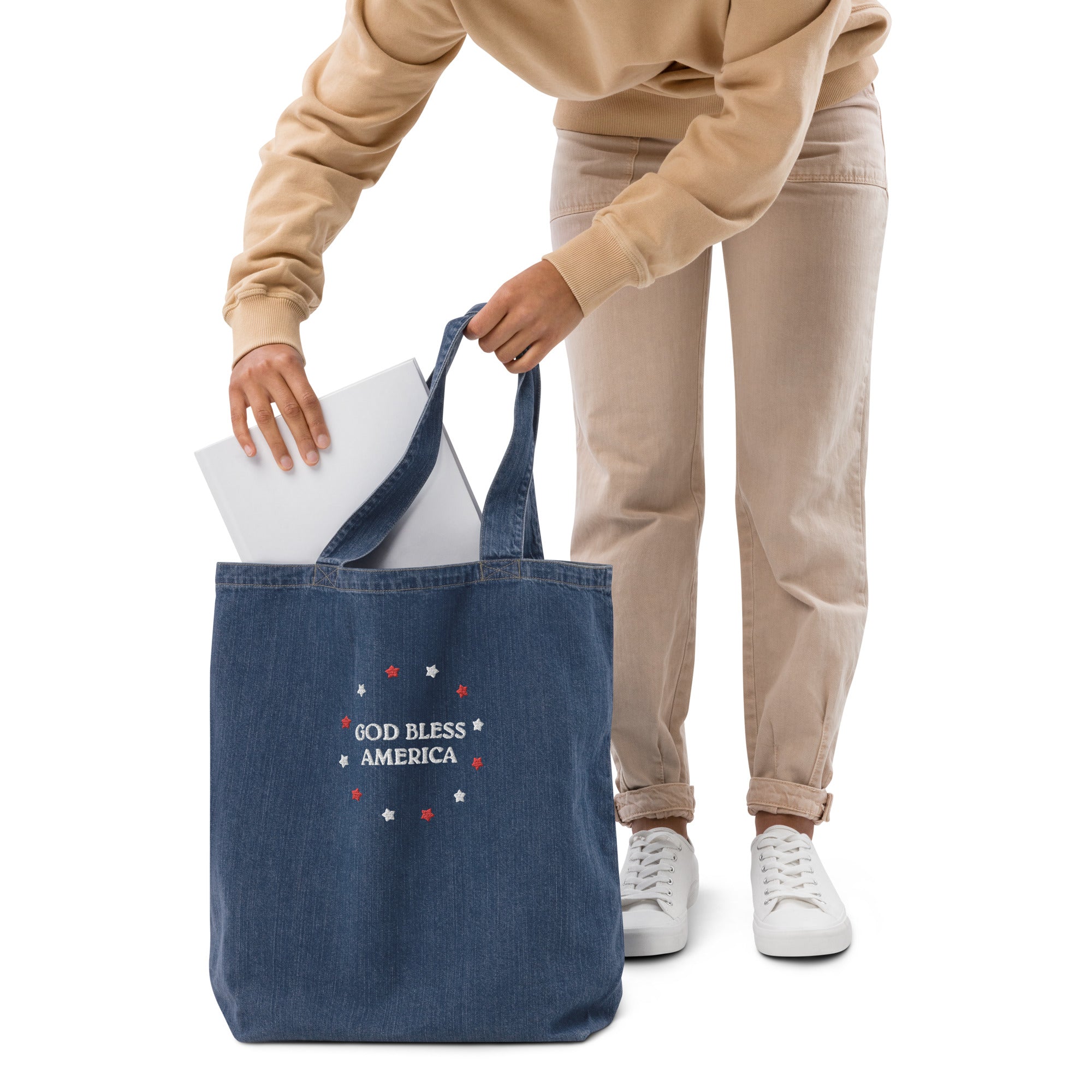 Starry God Bless America Organic Denim Tote Bag